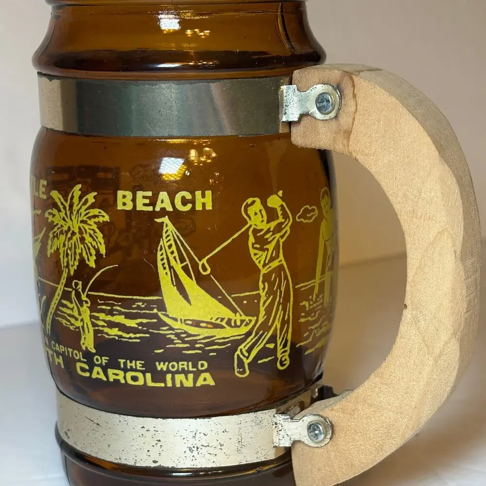 Vintage Myrtle Beach South Carolina Souvenir Brown Glass Barrel Mug Wood Handle